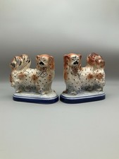 Staffordshire Pottery Pair Of Pekingese Dogs On Blue Base