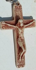 Vintage Old Keyring wood effect character Jesus on the cross bible  religion 