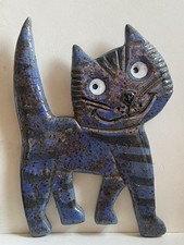 Vintage Millhouse Pottery Northern Ireland Ceramic Blue Tabby Cat Wall Plaque VG