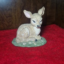 Vintage Resin Fawn Figurine – Resting Baby Deer on Grass Base (Unmarked)