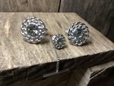 Vintage SWANK Crystal Cufflinks & Tie Pin Chain Border Statement Showy