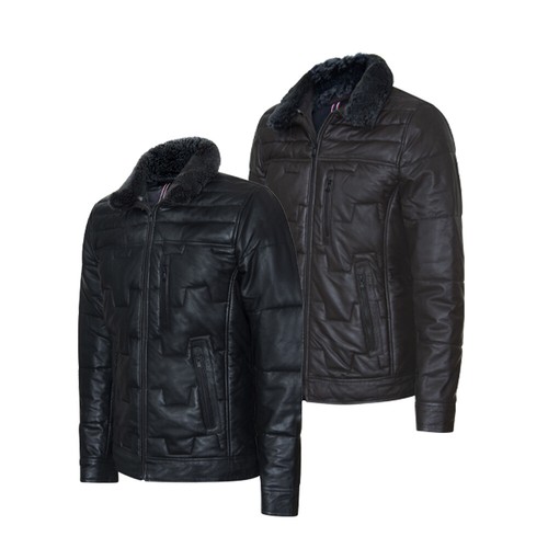 Men puffer leather jacket - puffer,