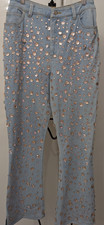 ASOS WOMAN LUXE JEWEL EMBELLISHED DENIM FLARE JEANS HIGH RISE BLUE/PINK S/8 BNWT