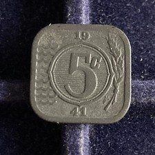 1941 Netherlands 5 Cents Zinc Coin German Occupation, High Grade,