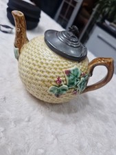 Majolica Basket Weave Teapot - Pewter Lid RARE Vintage 