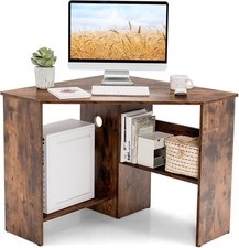 Rustic Brown Corner Computer Desk with Shelves & Cable Holes, 120cm