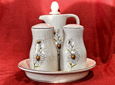 Vintage Kernewek Daisy Cruet Set Salt Pepper and Vinegar/Oil on Tray Mint Cond