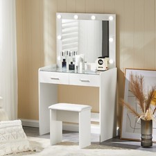 LED Dressing table With Clear Glass Top Makeup Desk Drawers Stool Vanity