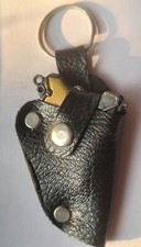 Vintage Retro Keyring Black Leather Look Tiny Toy Victory Revolver In Holster 