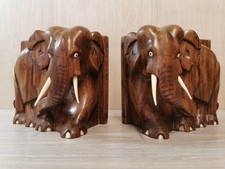 Vintage Book Ends Rare Hand Carved Indian Teak Matching Elephant Book Storage