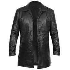 New Men's Black Leather Long
