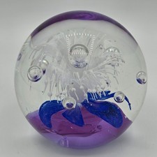 Vintage Art Glass Paperweight – Blue Globe 7 cm White Tree Design & Bubbles