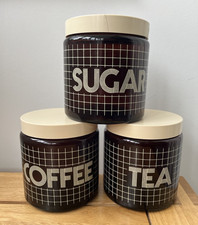 Vintage 1980s Brown Cream Glass Coffee Tea Sugar Storage Jars Grid Pattern CLP