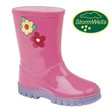 GIRLS STORMWELLS PINK FLOWER WELLIES RAIN SPLASH WELLINGTON BOOTS UK SIZE 3-10