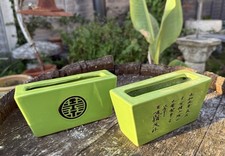 Pair of Green Bonsai Tree  Lucky Bamboo Ceramic Planters Pots Black Characters 