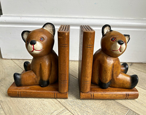 Carved wooden bear bookends - wooden,
