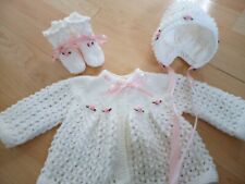 Hand knitted cardigan / matinee coat, bonnet and bootees 0 - 3 months white