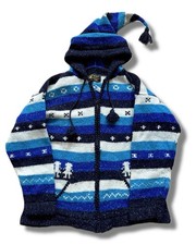 Ecuador Knitwear 100% Wool Handmade Blue & White Hooded Zip Jacket - Size UK XL