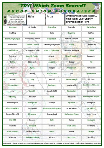 Rugby union fundraising cards - union,