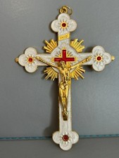 Large Baroque style Goldtone metal white & red  Crucifix holding Cross 12cms