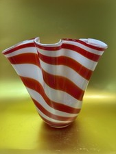 Beau Rivage Handkerchief Ruffle Peppermint Stripe Blown Glass Vase. 7.5