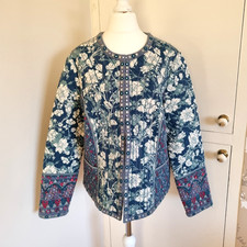 Monsoon Quilted Jacket Blue & White Embroidered Sequins UK16 Bust 42" Boho