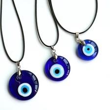 Turkish Evil Eye Pendant Necklace, Glass, Leather Rope Chain, Protect Lucky Eye