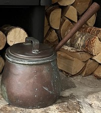 3.5L ANTIQUE COPPER COOKING POT~ CAMPFIRE CAULDRON~LIDDED LONG HANDLED~Vintage  