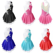 UK Girls Roller Figure Ice Skating Dress Sequins Floral Sleeveless Leotard Dress