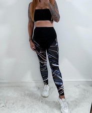 Ladies Jack Wills Black Blue Patterned Sports Gym Stretch Leggings Size 8