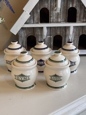 The 1869 Victorian Pottery Herb Jars / Pots x 5 ~ Blue Green ~ Vintage Style 