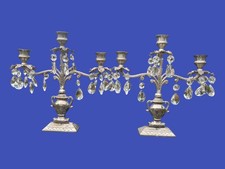 Pair Of 3 Arm Vtg Silver Tone Candelabra with crystal Droplets-Manganese Glass