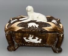 Antique English Dog Hunting Match Box Edwardian Porcelain Brown Case 9cm wide