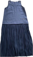 MALOKA Women’s Linen Sleeveless Drop Waist Pleated Dress Size 3 UK 12 Blue