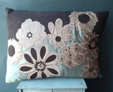 Small LAURA ASHLEY cushion 100% silk feather pad flowers brown duck egg blue