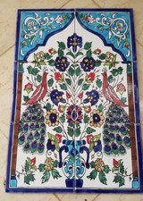Peacocks Hand Painted Moorish Style 6 Ceramic Tile Mural