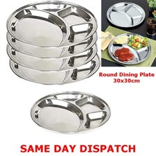 Stainless Steel 4 Compartment Round Plate Food Serving Dish Indian Large Dinner