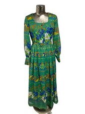 TRINA LEWIS Womens Floral Dress Size UK S 8-10 Green Mix Chiffon 1970s Vintage
