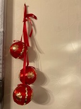 Christmas decoration ,vintage 3 red bauble hanging down with ribbon, gold trim