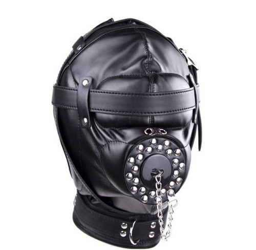 Black locking bondage hood - black,