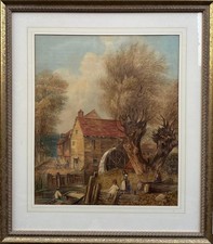 Antique Painting (19th Century) : Rural Scene with Watermill, watercolour
