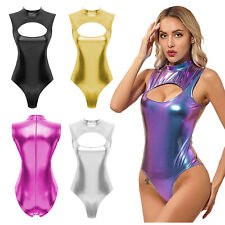 Woman Sexy Metallic Leather Bodysuit Wet Look Cut Out Leotard Catsuit Swimwear