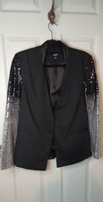 HANCY Women’s Black Tuxedo Style Jacket Blazer Ombre Silver Sequinned Sleeve 2XL