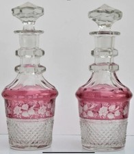 PAIR ANTIQUE 10” DECANTERS MOSER HOBNAIL Cut 2 Clear CRANBERRY ENGRAVED FLORAL