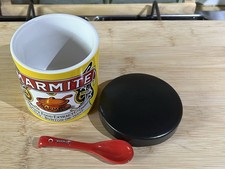 Marmite Vintage Ceramic Yellow Storage Jar with Black Lid And Red Spoon