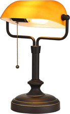 Classic Banker'S Desk Lamp, Amber Glass Shade, Antique Black Base, 60W Max, Pull