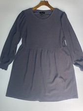 New Look Smock Dress Size 14 Women's Grey Textured Long Sleeved Babydoll