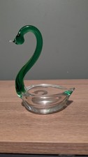 Vintage Art Glass Clear Green Swan Figurine Dish Trinket Box 