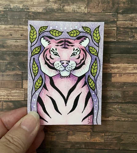Aceo original folk art pink - aceo,