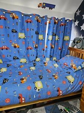 Dunelm boys car print blue eyelet curtains and X 2 single bed duvet set